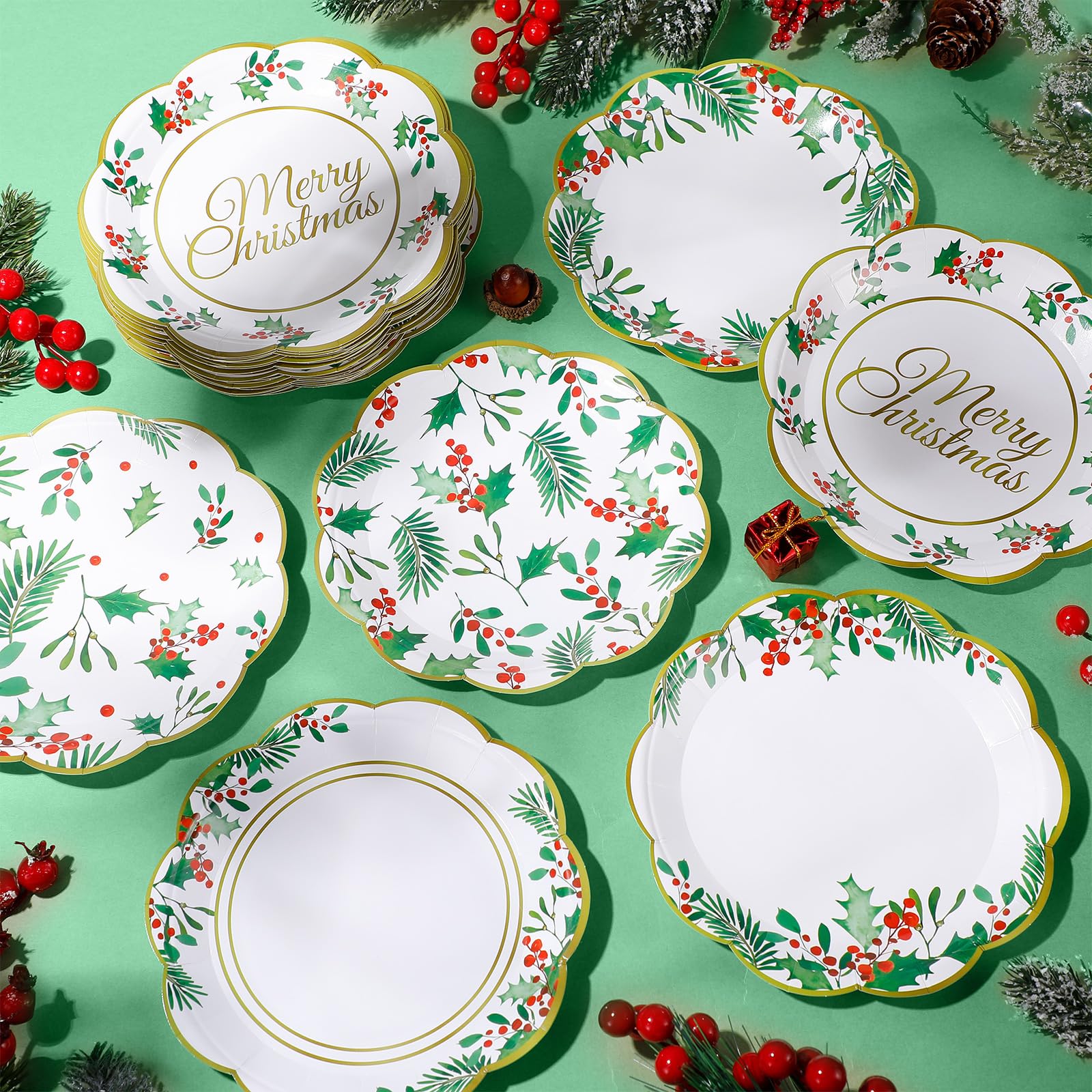 Gerrii 60 Pcs Christmas Party Plates 7 Inch Holly Berries